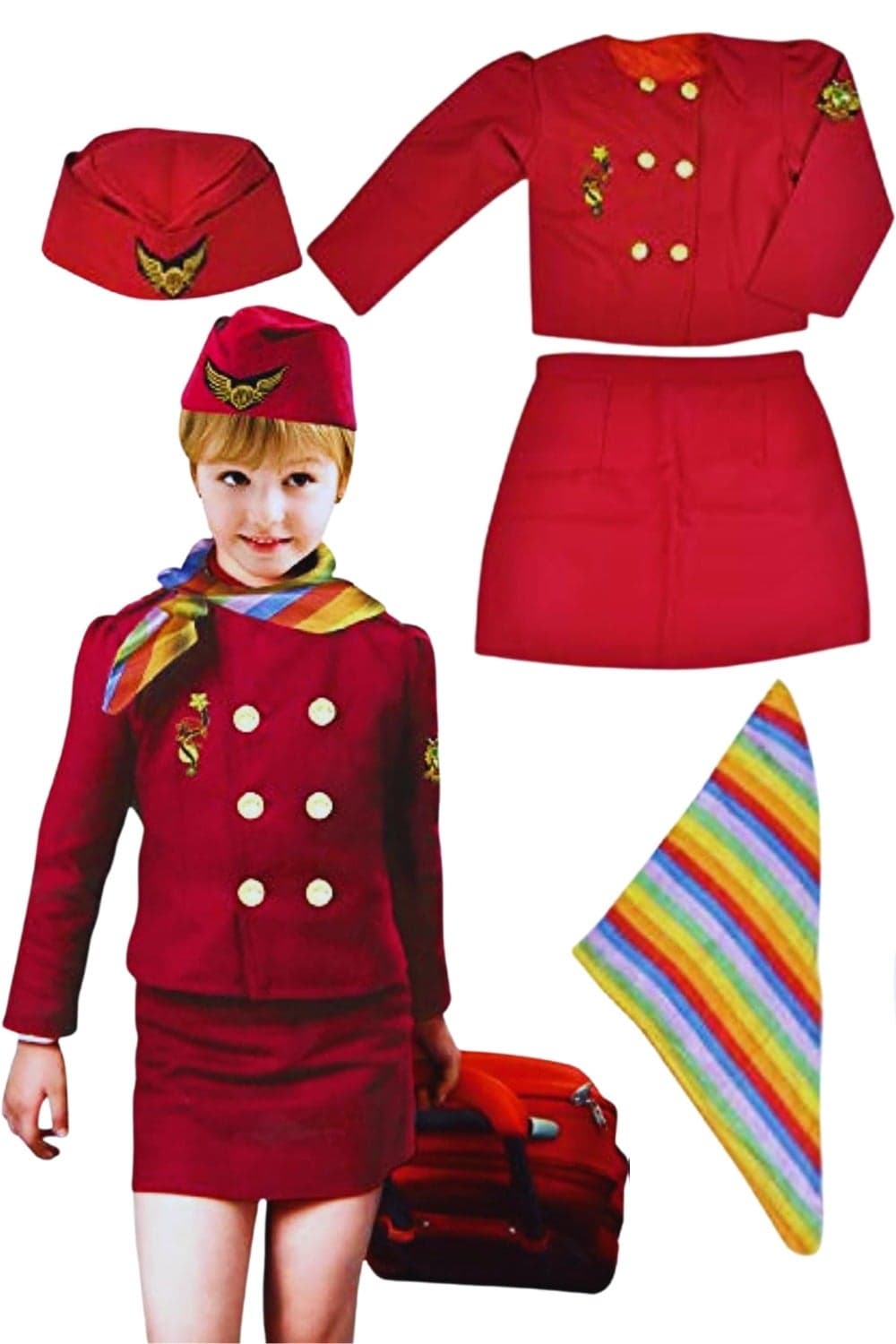 Girls Cabin Crew Air Hostess Costume – 4-Piece Flight Attendant Dress Up Set for Kids (Ages 3–8, Size 80–110 cm) – Role Play Uniform with Hat, Scarf & Jacket
