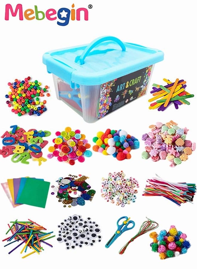 800+ PCS Handmade DIY Arts and Crafts Supplies Kit with Storage Box Material Set with EVA Letter Stars Sticker Feather Ice Cream Sticks Button Hair Ball Crafts Accessories Kits Sets For Kids Education