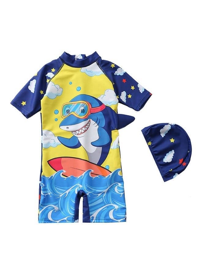 Kids Swimming Suit Set, Toddler Boys Swimsuit Cute Dinosaur Print Short Sleeve Zipper Rash Guard with Hat Infant Bathing Suit Sun Protection