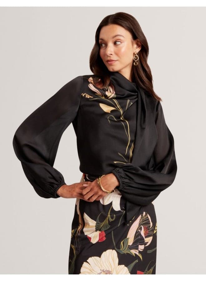 Neck Tie Printed Long Sleeve Top