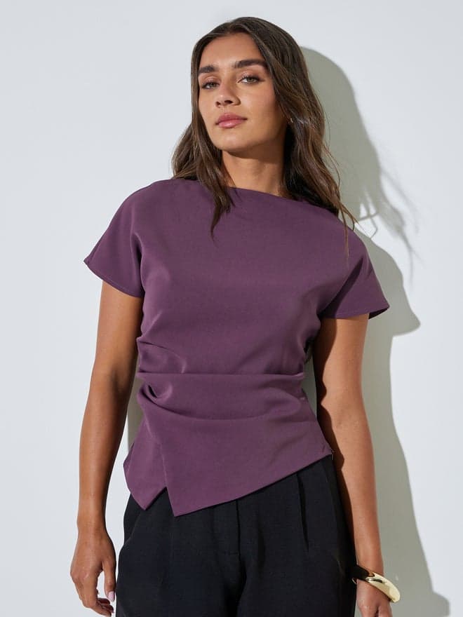 Purple Asymmetric Hem Solid Blouse