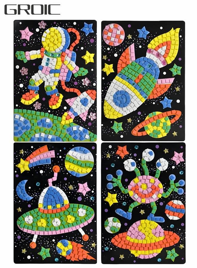 Mosaic Sticker Art Kits,DIY Sticky Handmade Arts and Crafts Kits for Kids,4 Pack Space Astronaut Theme Fun Activities EVA Sticky Mosaics Sticker Kits