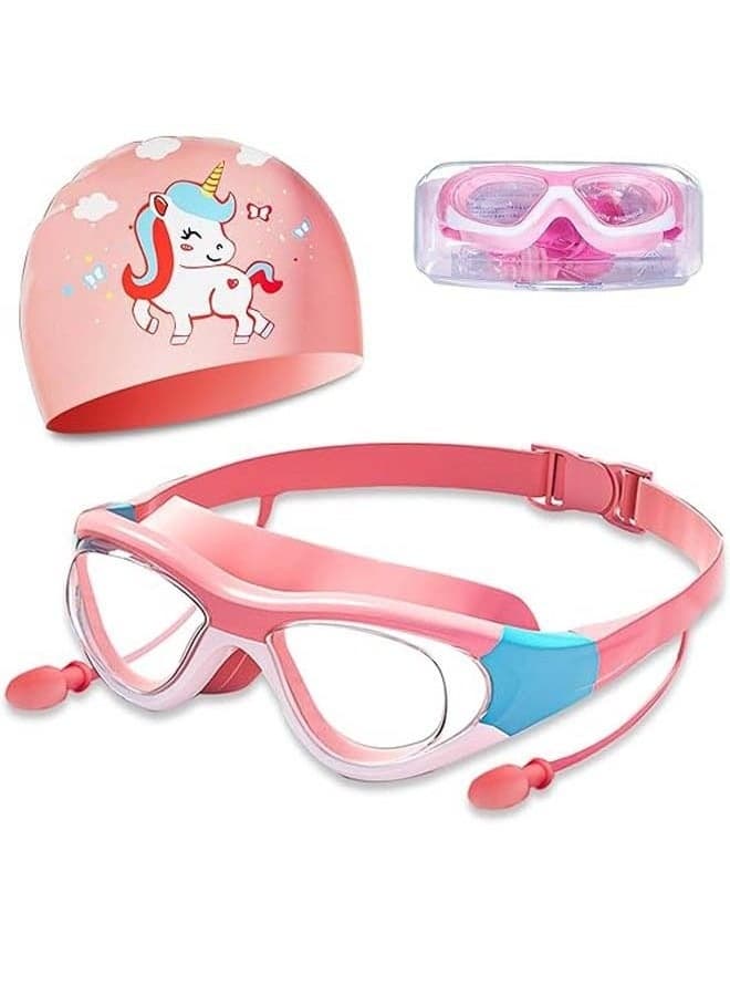 Swimming Goggles with Earplug, Swim Cap for Kids, Silicone Cartoon Swim Cap, No Leaking Soft Silicone Protection Lenses Waterproof Goggles for Children