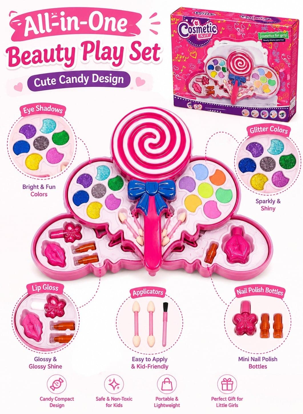 Girls Lollipop Makeup Kit Kids Cosmetic Set with Eyeshadow and Lip Gloss – Safe Pretend Play Beauty Toy
