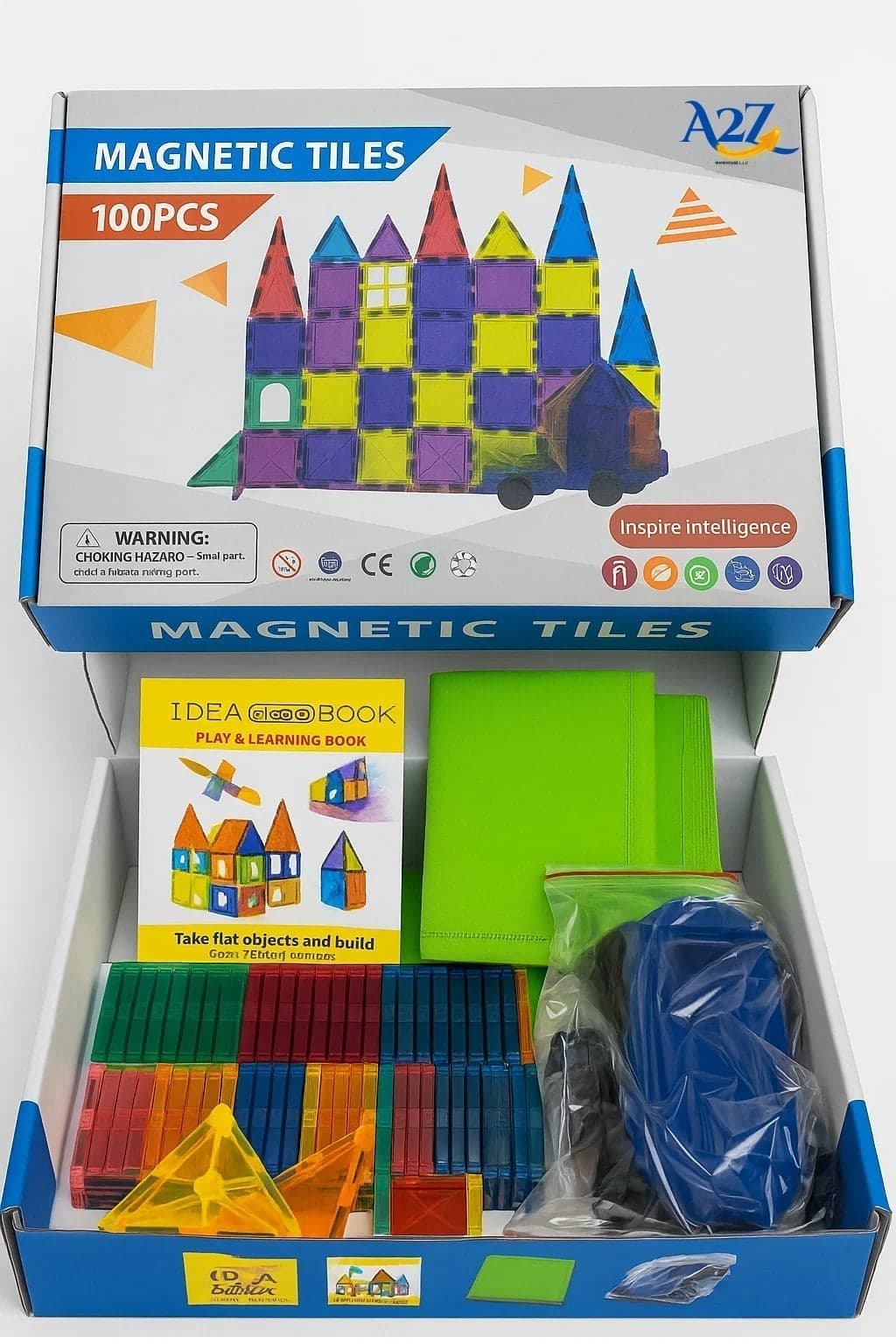 Magnetic Building Tiles High quality for Kids – 100 Pcs – Educational Colorful toy Set with Cars & Geometric Shapes
