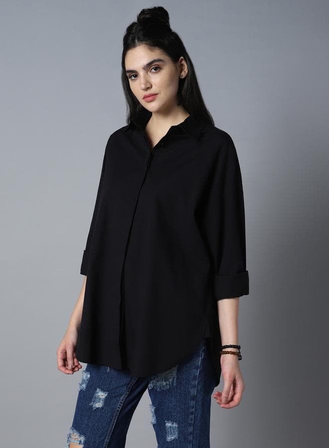 Women'S Black 100% Cotton Solid Pattern Button Down Shirt
