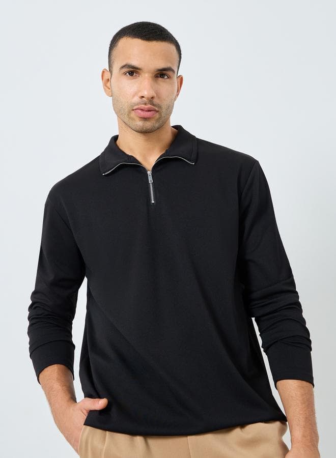 Men Black Textured Quarter Zip Sweatshirt