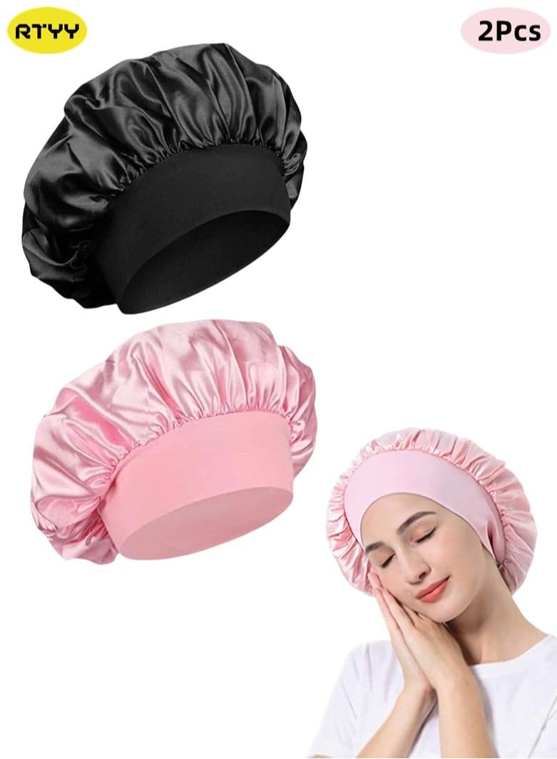 2Pcs Oversize Silk Satin Hair Bonnet for Sleeping, Sleep Bonnet with Elastic Soft Band,Sleep Bonnet Sleep Cap for Hair Curly Hair Sleeping Natural Hair