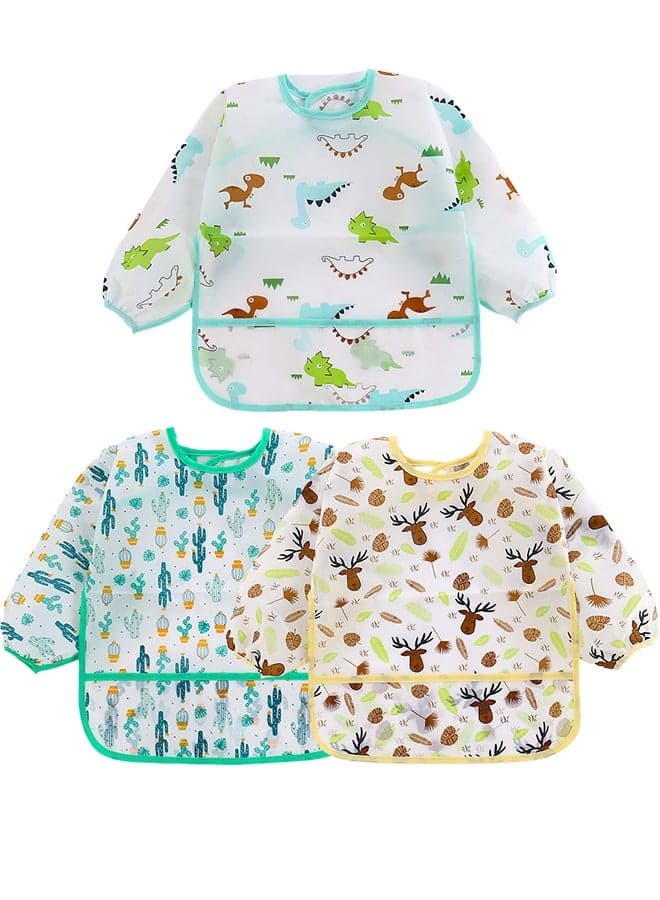 3 Pack Baby Long Sleeve Bibs, Toddler Feeding Waterproof Bibs with Great Capacity Pocket, Infant Smock Shirt Bib for Eating, Painting, Playing, Travel