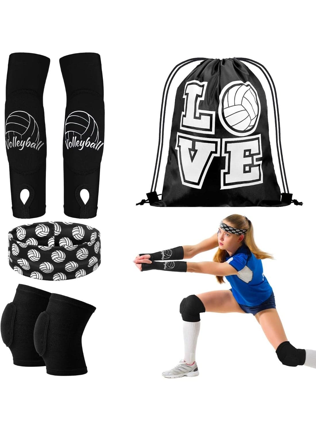Volleyball Accessories Set — Includes Knee Pads, Volleyball Arm Guards, A Headband And A Drawstring Bag, Volleyball Knee Pads And Arm Guards Suitable For Women, Girls And Teenagers