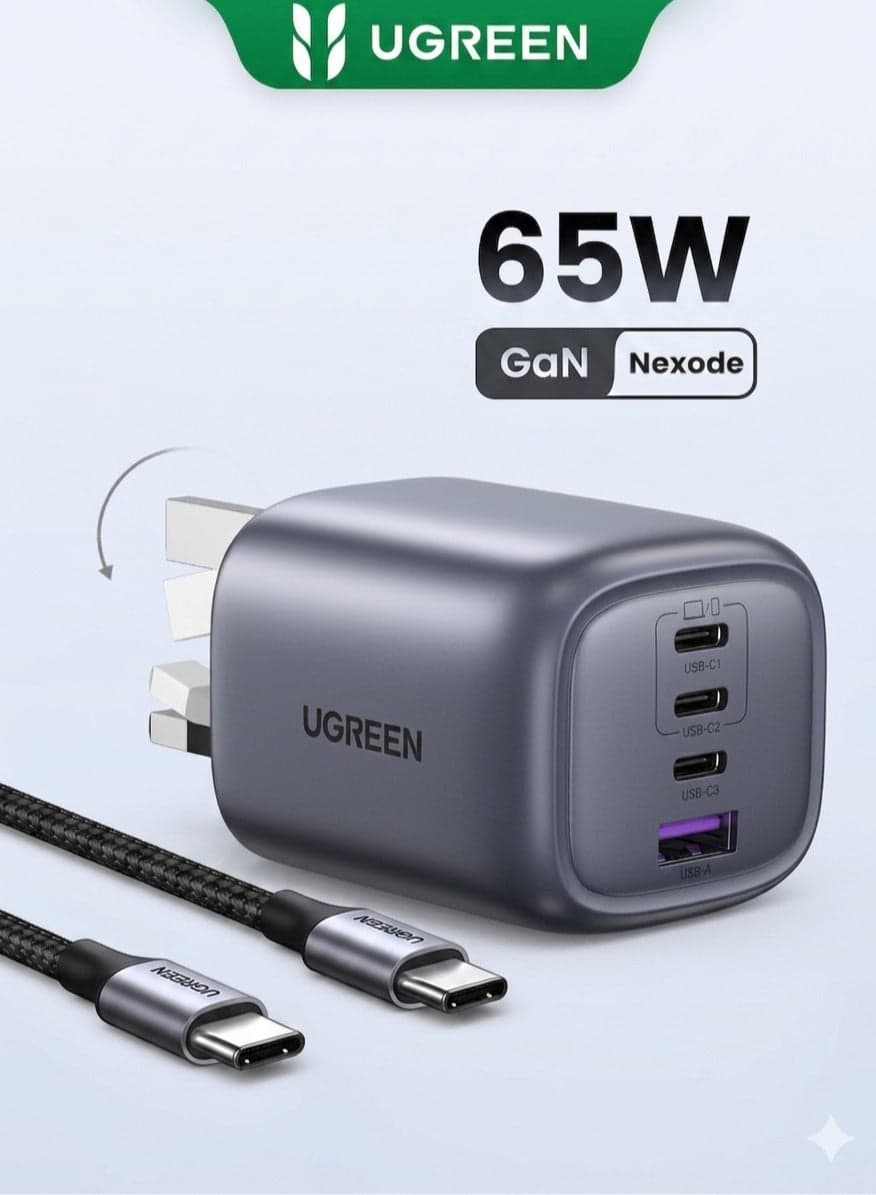 UGREEN Nexode 4-Port 65W USB C Charger with 100W Cable,Foldable Type-C Fast Wall Charge Plug GaN Laptop Charging Adapter Compatible for Galaxy S25U,MacBook Air,HP/Dell/Lenovo,iPad,iPhone 17 Pro Max 65W 3C1A With Cable