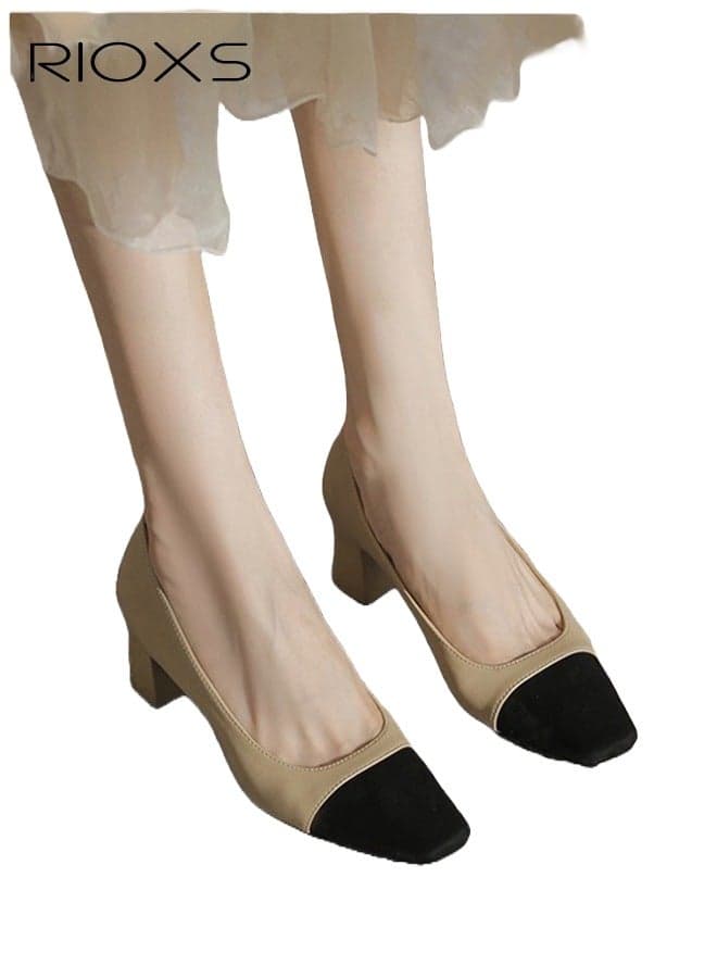 Slingback Heels for Women, 5cm Chunky Block Heel Dress Shoes, Trendy Square Closed Toe Pumps, Women's Fashion Pumps Soild Color, Leather Slip-on Low Heel Work Shoes, Comfortable Pumps for Ladies Office Shoes, Elegant Wedding Pumps for Bride, Lightweight Heeles Shoes for Female, Non-slip Heels Pumps for Business/ Interviews/Parties/Dating