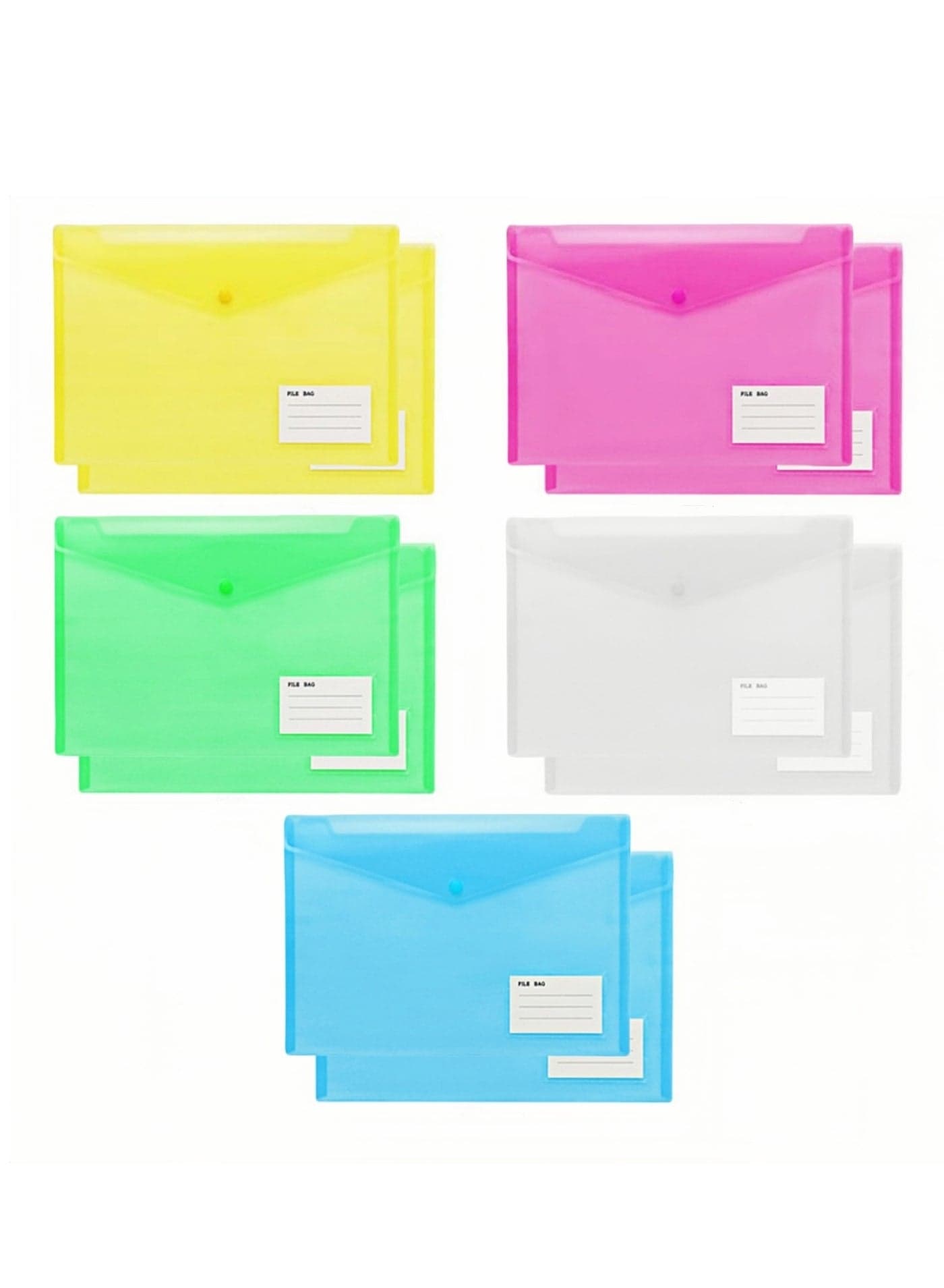 Transparent A4 File Pockets, 10-Pack Waterproof Document Bags with Snap Closure & Labels, Includes 5 Multi-Color Organizers for Home, Office, and Work, for Filing Envelopes, 33x23.5cm