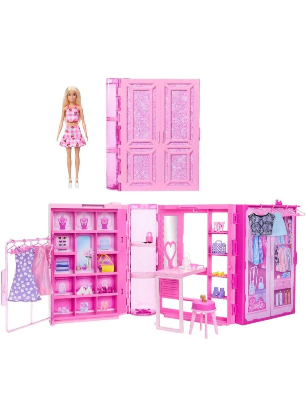 Dream Closet Toy Playset with Blonde Fashion Doll, Clothes & Accessories, 3-ft-Wide with 25+ Pieces, 3 Complete Looks