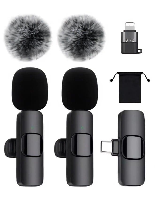 Wireless Lavalier Microphone For Type-C Phones - Plug And Play Wireless Microphone With 2 Microphones For Usb-C Android Phones And Iphones Video Recording - Interviews - Vlog - Auto Sync And Noise Reduction - 2.4 Ghz - Black