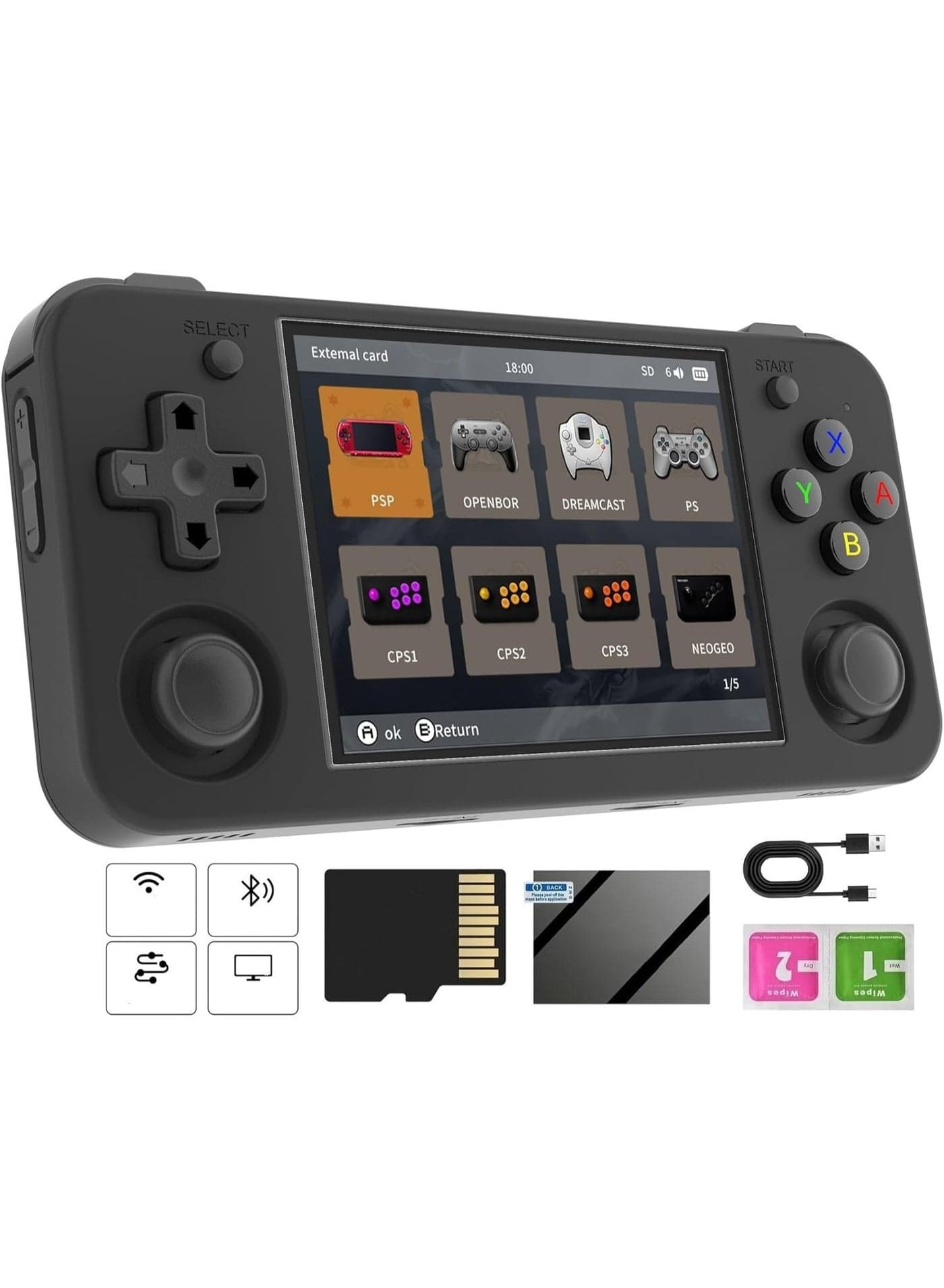 RG35XX H Retro Portable Game Console, Support 5G HDMI TV Output, WiFi, Bluetooth 4.2, 3.5" IPS Screen, Built-in Linux System with 64G TF Card 5515 Games Black
