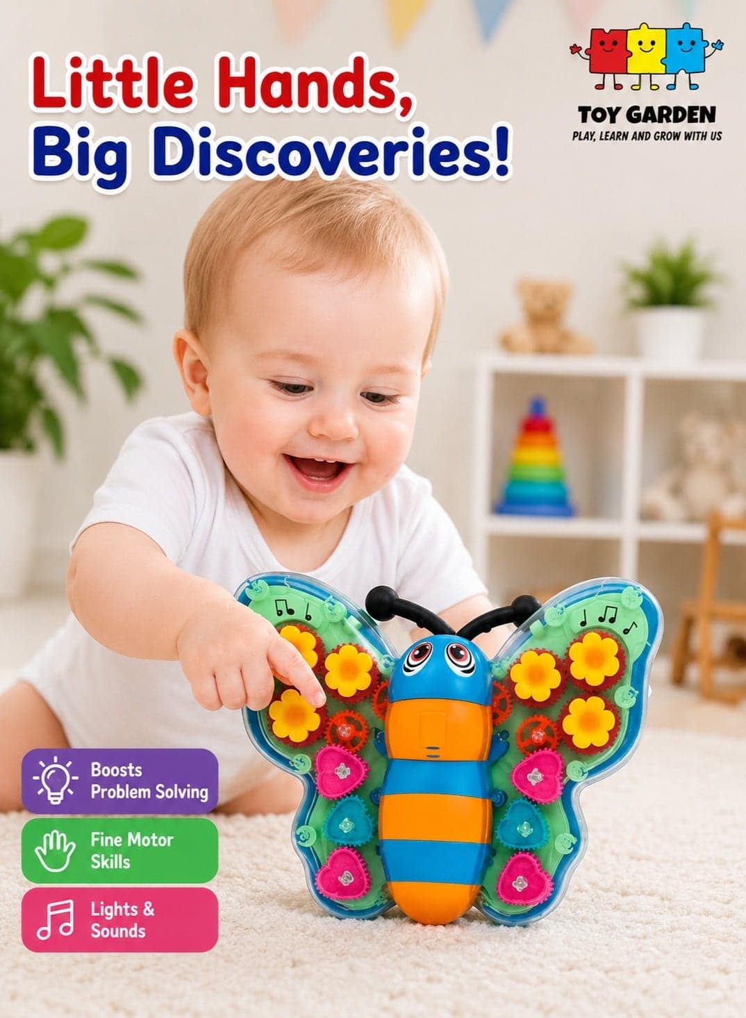 3D Transparent Gear Butterfly Toy Car for Kids – Rotating Lights, Sound & Flashing Gears – Durable Multicolor Mechanical Insect Toy