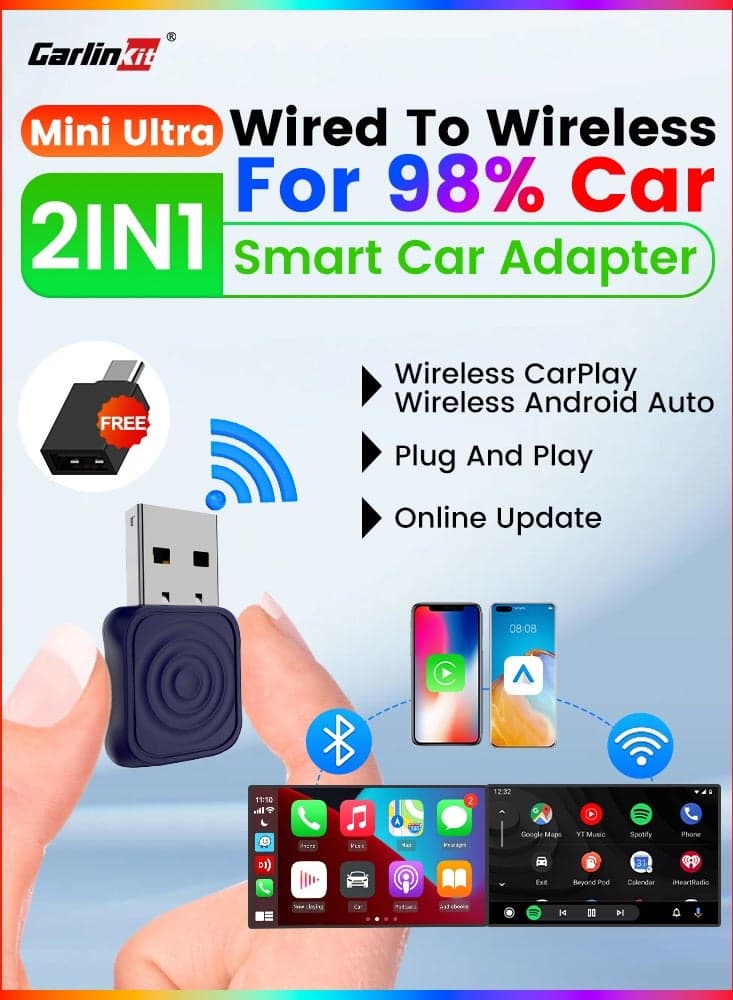 CarlinKit Mini Ultra Wireless USB Dongle Wireless Android Auto & Wireless CarPlay For 98% Cars 2-In-1 Smart Car Adapter