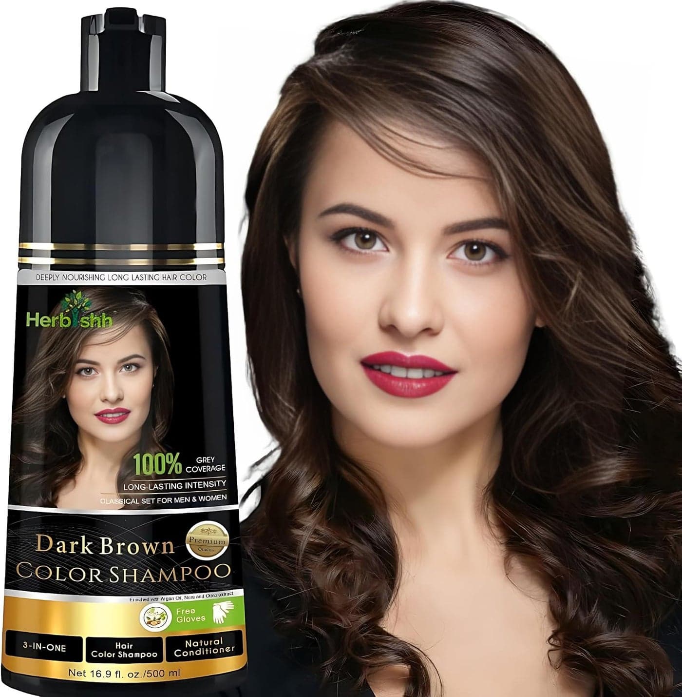 Herbishh Dark Brown Hair Color Shampoo - 3-in-1 Ammonia-Free Formula for Gray Hair - 500 ml