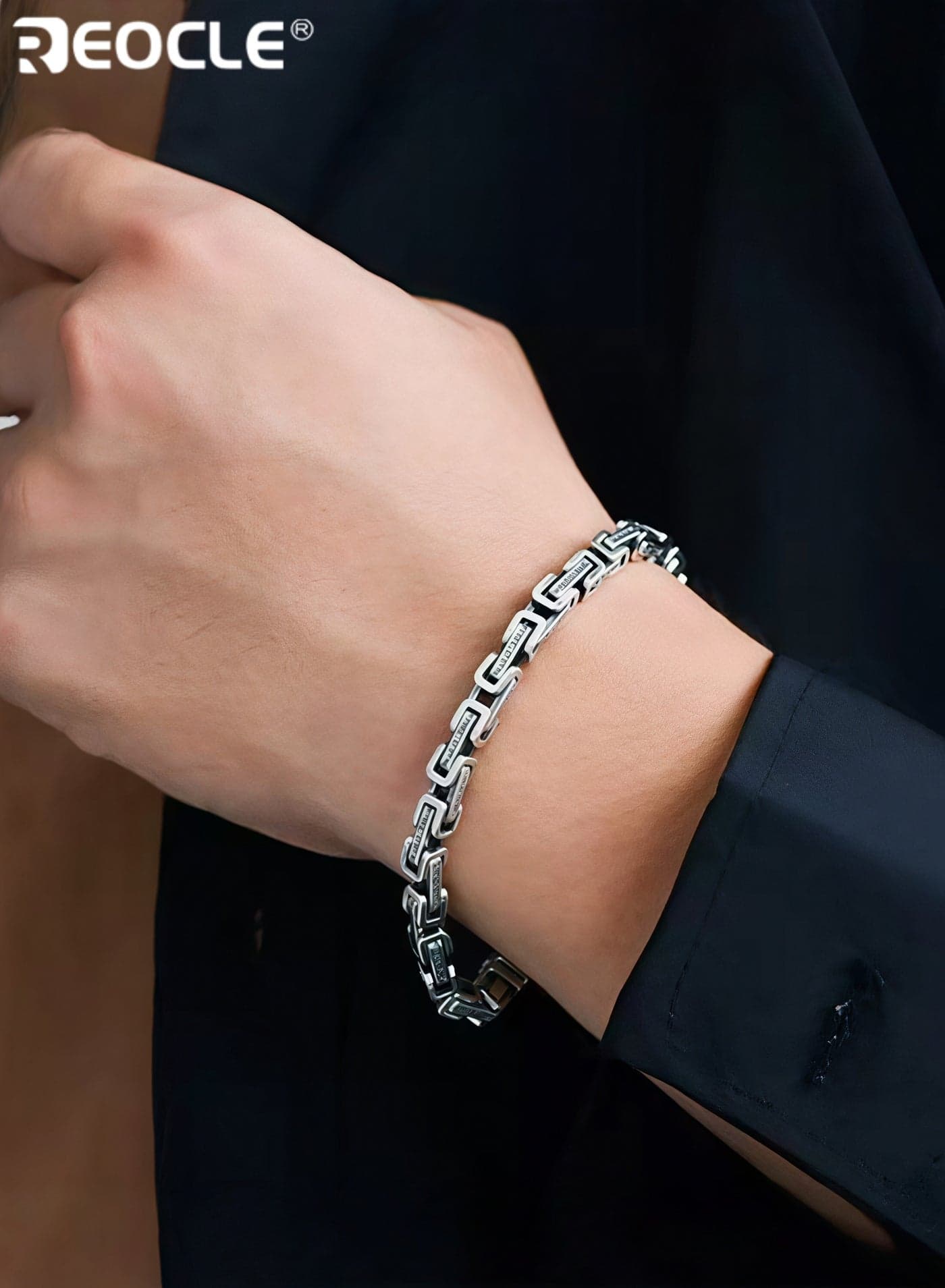 Men's Bracelet Hand Engraved Square Chain Bracelet 925 Sterling Silver Bracelet Retro Bracelet with Engraved Pattern