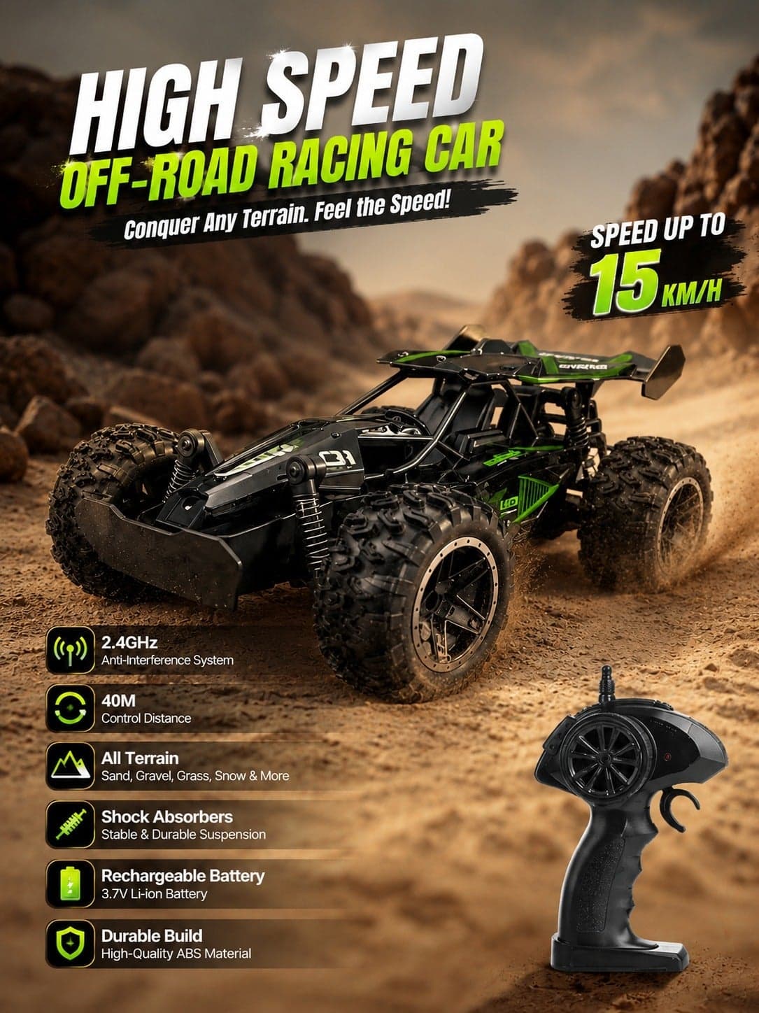 Black Small High-Speed Remote Control Off-Road RC Car up to 15 km/h, 2.4GHz Racing Buggy with Rechargeable 3.7V Battery, USB Charging Cable, Metal Shock Absorbers and 40m Remote Control Range for Kids