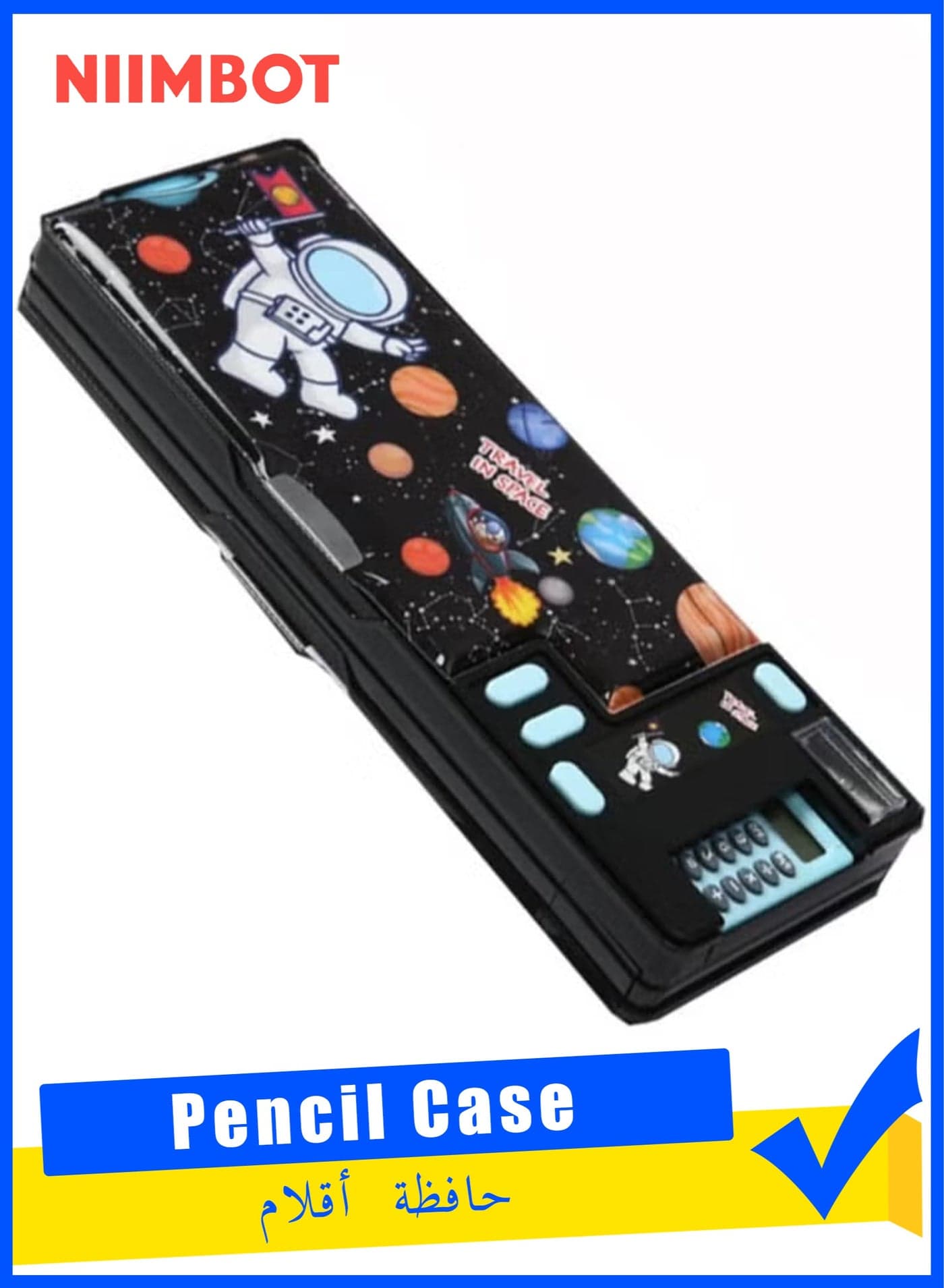 Pop Up Multifunction Pencil Case for Kids, with Calculator Sharpener Cute School Supplies Multifunction Stationery Organizer Space Gift for Kids Teens Black