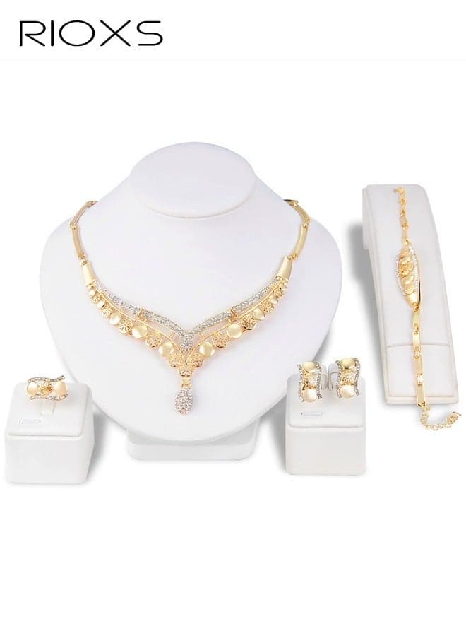 Bride Jewelry Set, Gold Plated Crystal Wedding Necklace Earrings Ring and Bracelet Bridal Rhinestone Teardrop Pendant Accessories for Women and Bridesmaids (4 piece set - 2 earrings 1Ring 1 Bracelet and 1 necklace)