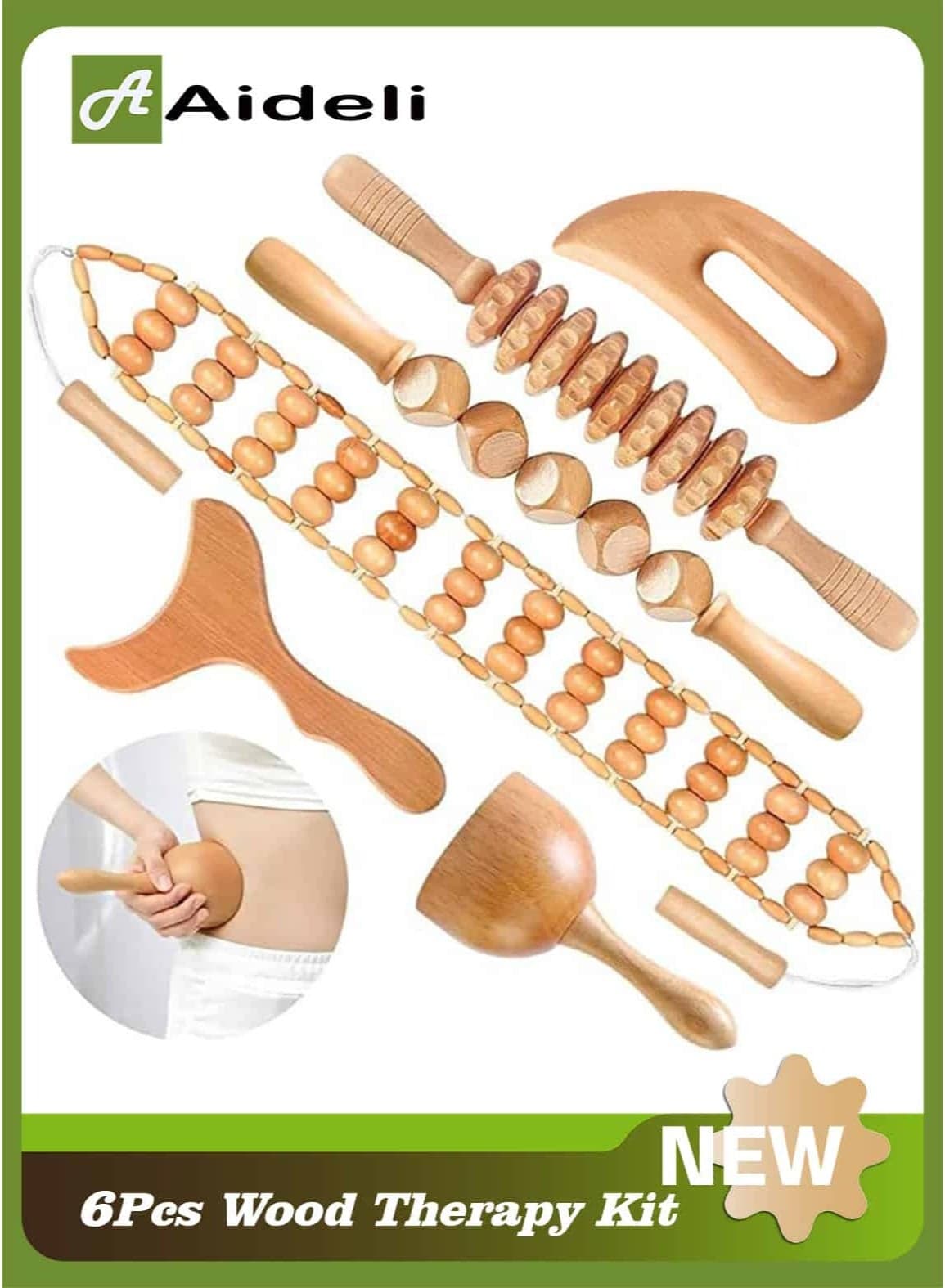 6-in-1 Wooden Massage Tools Set, Wood Therapy Kit for Body Shaping, Sculpting and Muscle Pain Relief