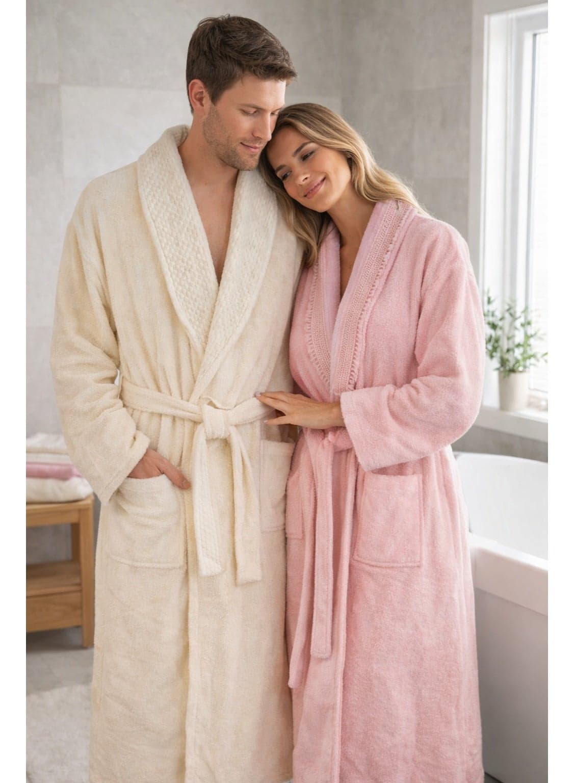 Safi Plus 2 Piece Couple Bathrobe & 4 Piece Towels Set - Premium Quality, Soft & Absorbent Turkish Cotton, 6-Piece Family Pack (Cream/Pink)