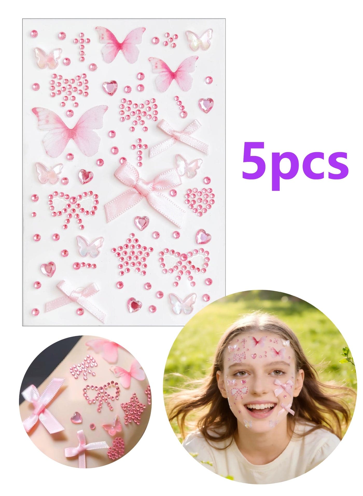 5-Piece Pink Face Stickers Set – Butterfly & Bow Rhinestone Gems for Party Makeup & Festival Decoration