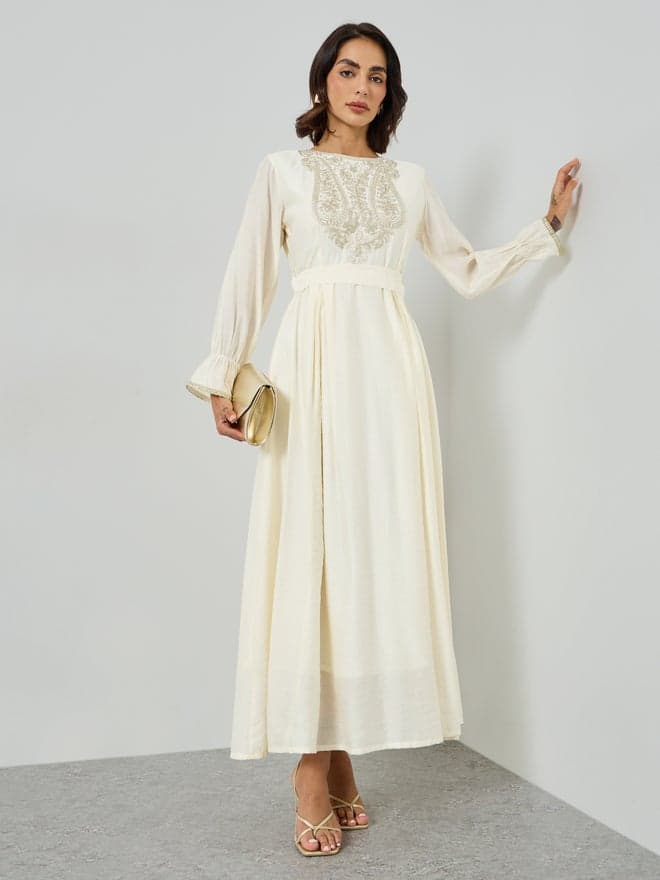 Styli Cream Embellished A-Line Maxi Dress