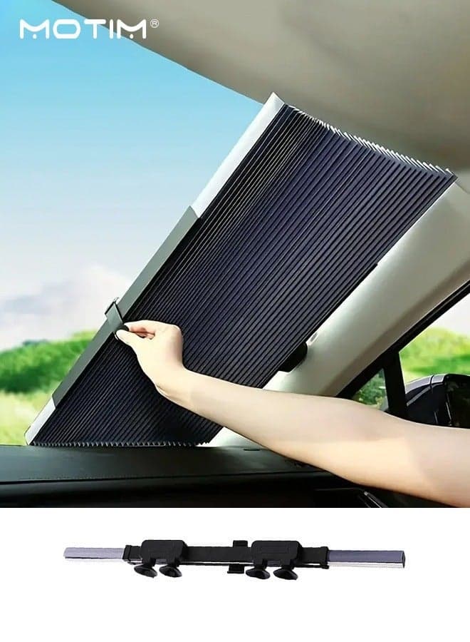 Retractable Car Windshield Sun Shade for Car, 145*70cm, Foldable Sun Shade Umbrella Car Sun Visor Protector, Blocks 99% UV Rays and Sun Heat Protect Fits Trucks and Vans or Large Cars