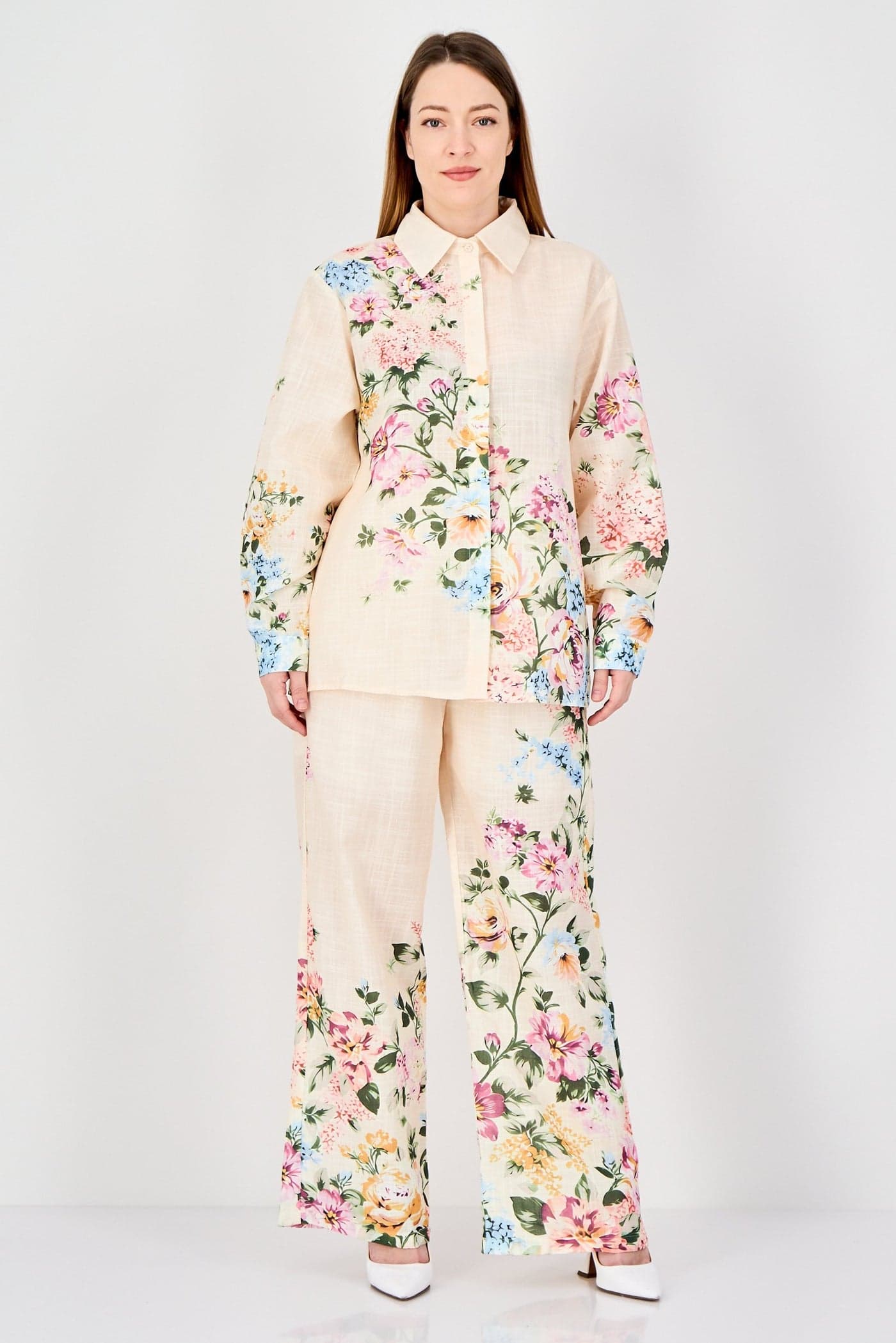 Women 2 Pieces Floral Print Shirt With Pants Coord Set, Beige