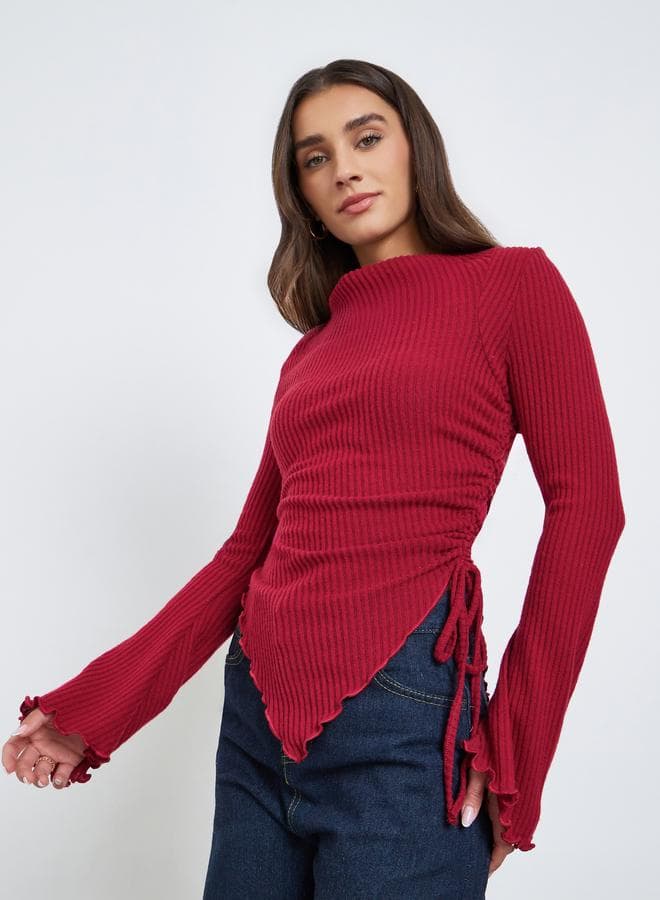 Burgundy Ribbed Asymmetric Hem Long Sleeve Top