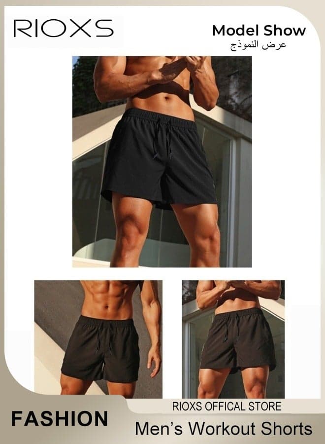 Men's Casual Fitness Shorts, Elastic Waistband, Running Shorts with Pockets, Quick-Dry Breathable Drawstring Athletic Shorts, Jogging Marathon Cycling Shorts with Lining, Black