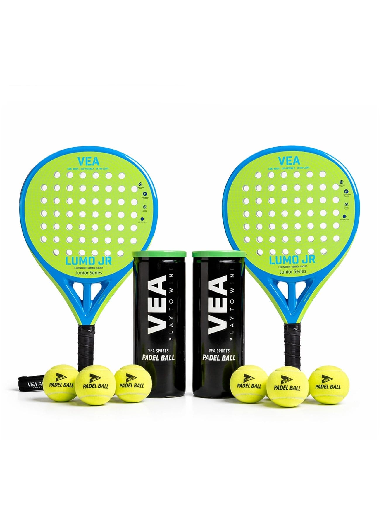 VEA LUMO JR Kids Padel Racket Set – Neo Green | 2 Junior Rackets + 2 Covers + 2 Ball Tubes | Lightweight 320g | Beginner Friendly | Ages 6–12