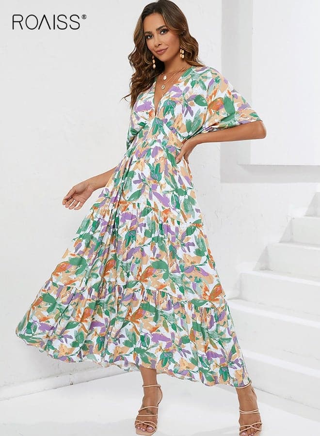 Women Maxi Dress with Fitted Waist Design, V Neck Short Sleeve Dress, Stylish Printed Frock for Ladies, Perfect for Daily Wear and Outdoor Activities