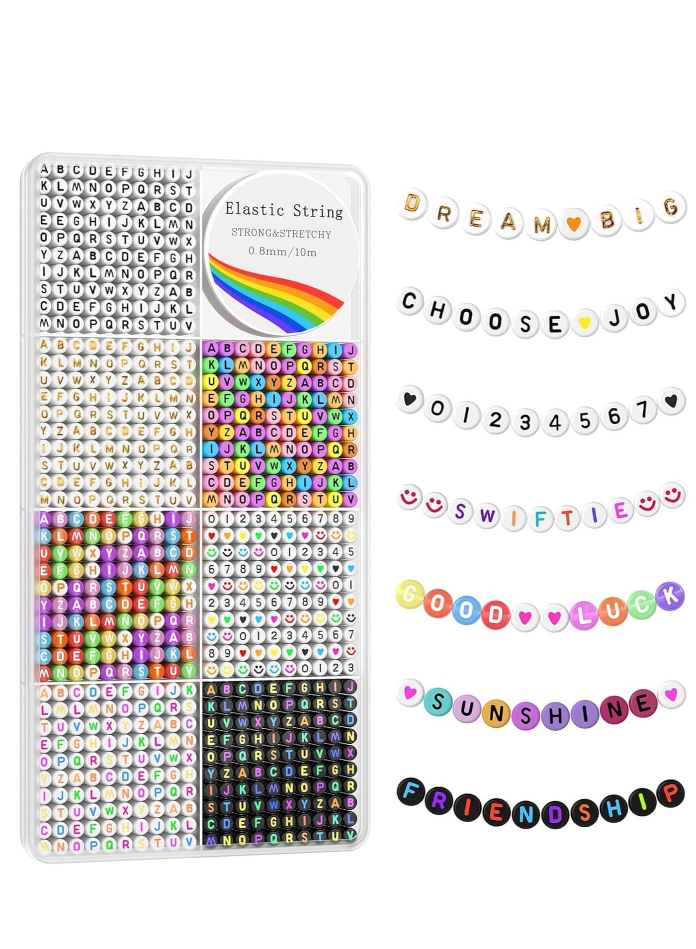 1600PCS Letter Beads Jewelry Making Kit – 6 Styles Alphabet Beads with Numbers, Smile & Heart Charms + 10M Elastic Cord | DIY Name Bracelet Making Kit for Kids, Teens & Adults – Perfect Gift Set