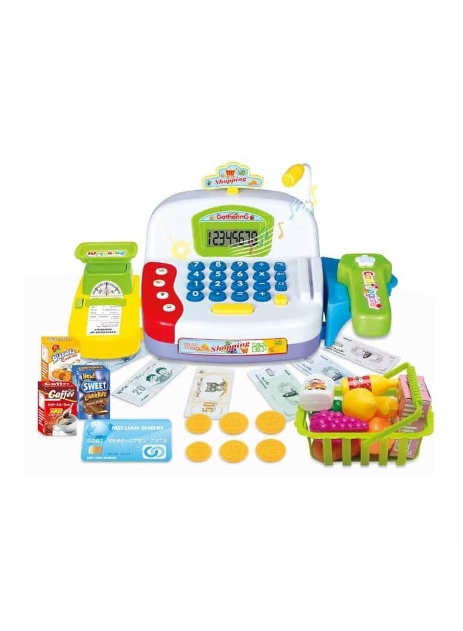 Kids Supermarket Cash Register Toy – Electronic Cashier Playset with Scanner, Microphone, Calculator & Play Food | Battery Operated Grocery Store Pretend Play Kit with Shopping Basket & Money | Educational Math Toy Gift for Boys & Girls 3+ Years