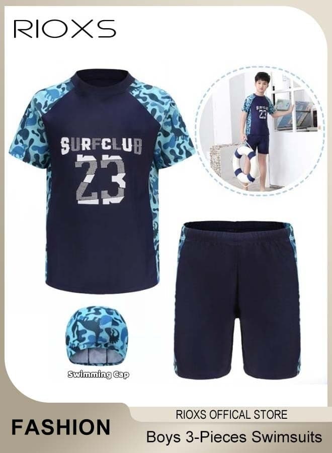 3 PCS Kids Boys Swimwear Sets, Rash Guard Swimsuit Set for Toddler Boys, Breathable Skin-friendly Quick-drying Short Sleeve Swimwear Sets with Swimming Hat, Swimsuits for Boys, Suitable for Swimming, Surfing, Bathing, Swimming Pool or Beach