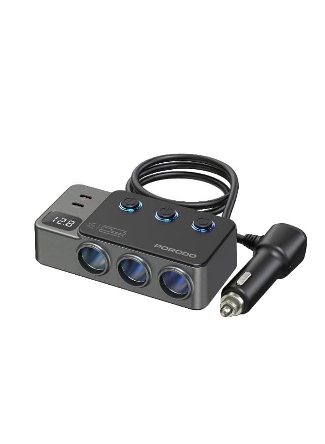 120W Car Charger HUB Triple Port Lighter Socket / PD 35W & QC 18W Fast Charging / Triple USB-A & Dual USB-C Ports / Real Time Voltage Display / Independent Power Switch - Dark Grey