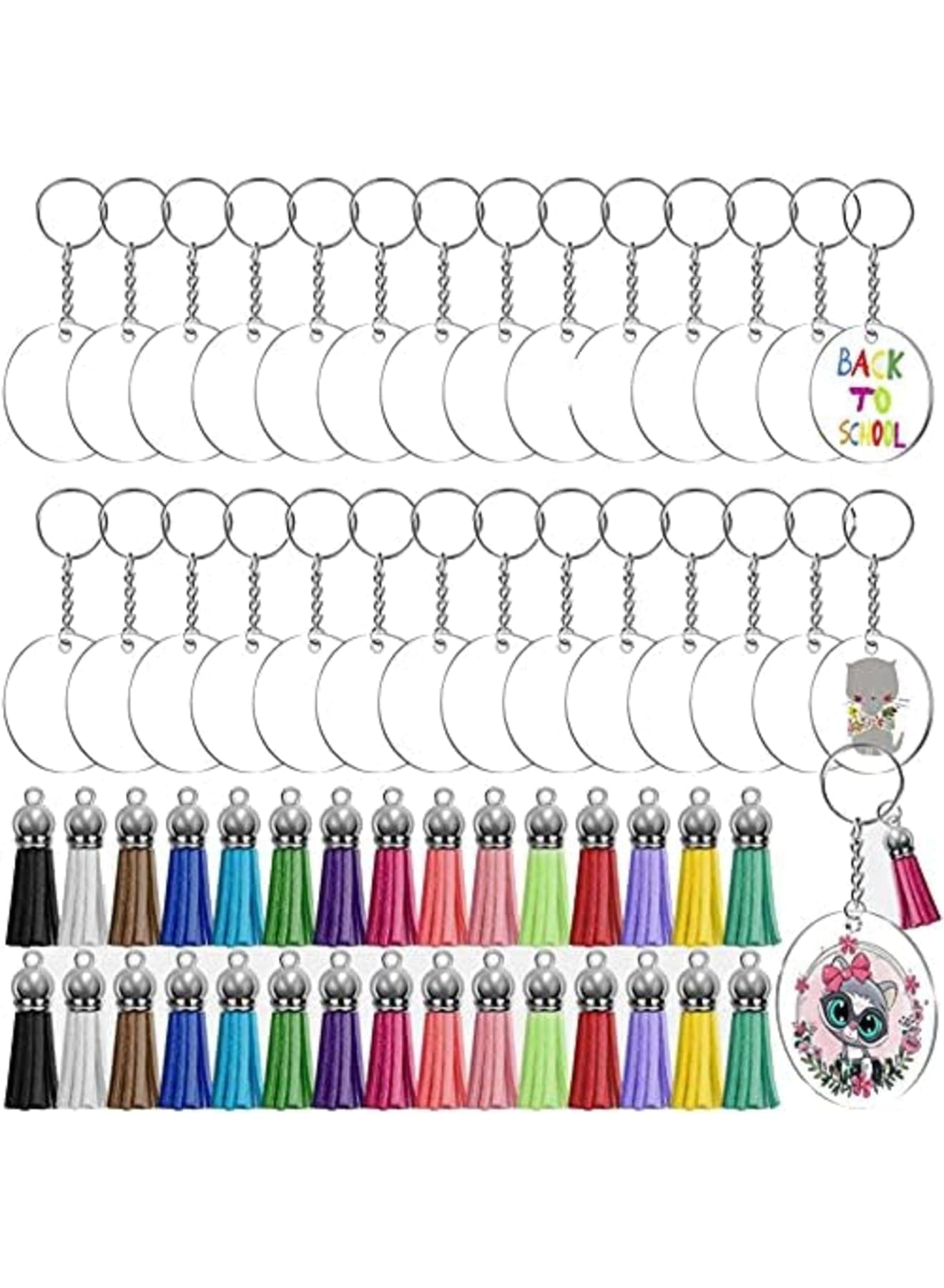 Key Ring Acrylic Blanks Keychain Tassels Set Including 30 Pcs Clear Acrylic Keychain Blanks 30 Pcs Key Rings with Chain 30 Pcs Keychain Tassel and 30Pcs Jump Rings (120Pcs)