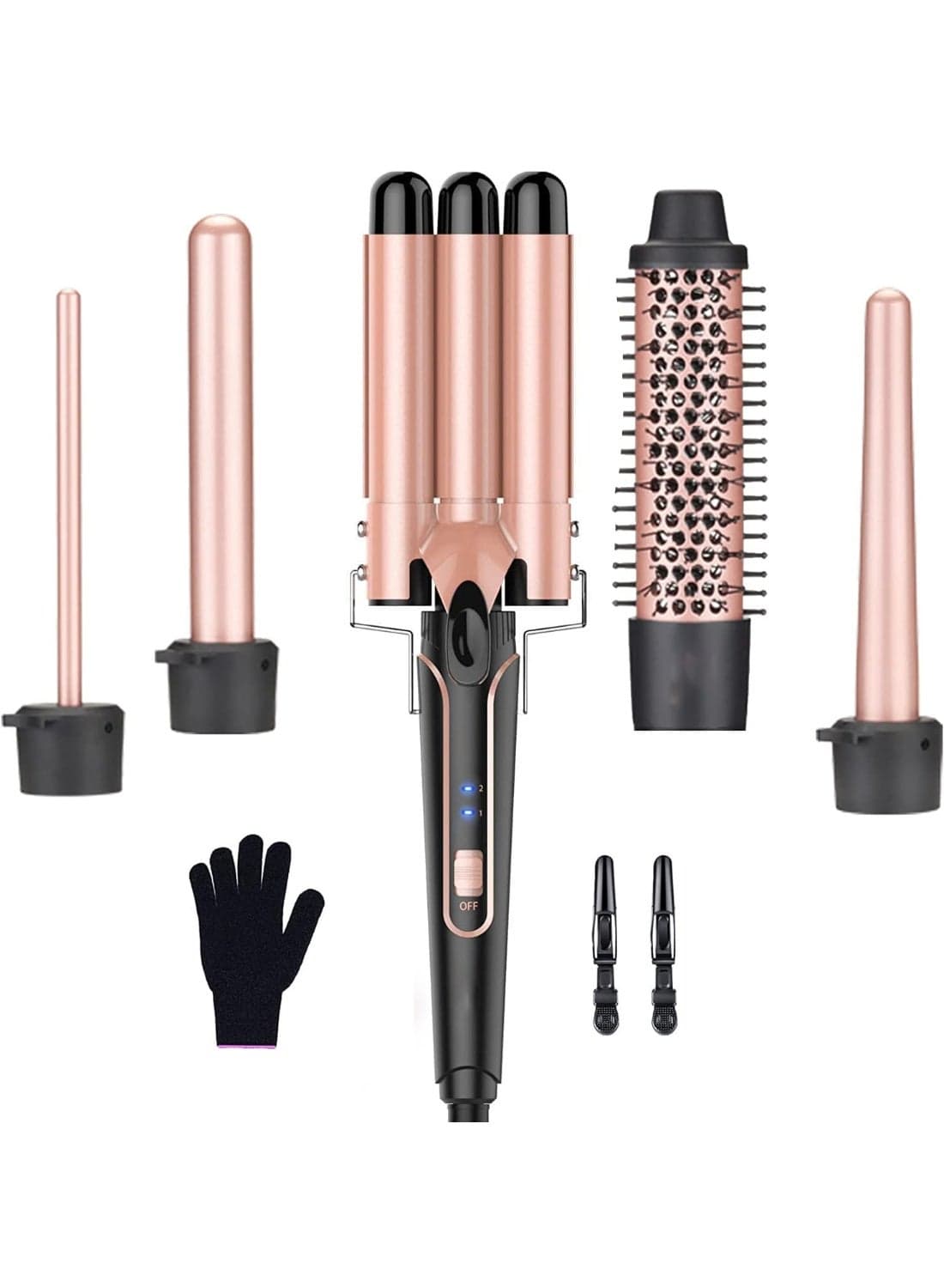 5 in 1 Curling Wand Set, Dual Voltage Curling Iron Set with 5 Interchangeable Barrels Included A Thermal Brush, A Hair Crimper and 3 Ceramic Curling Wands(10-25mm), Rose Pink