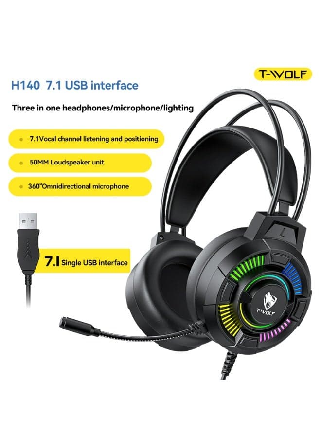 H140 wired earphones. 7.1 USB High Resolution Stereoscopic Sound Computer Gaming Earphones, Head Mounted Earphones with Intelligent Noise Reduction, High Sensitivity Microphone with Cool RGB Lighting Effects, Suitable for PC/PS4/PS5/XOne/XSeries/NSwitch Laptops Mac Desktop Computers