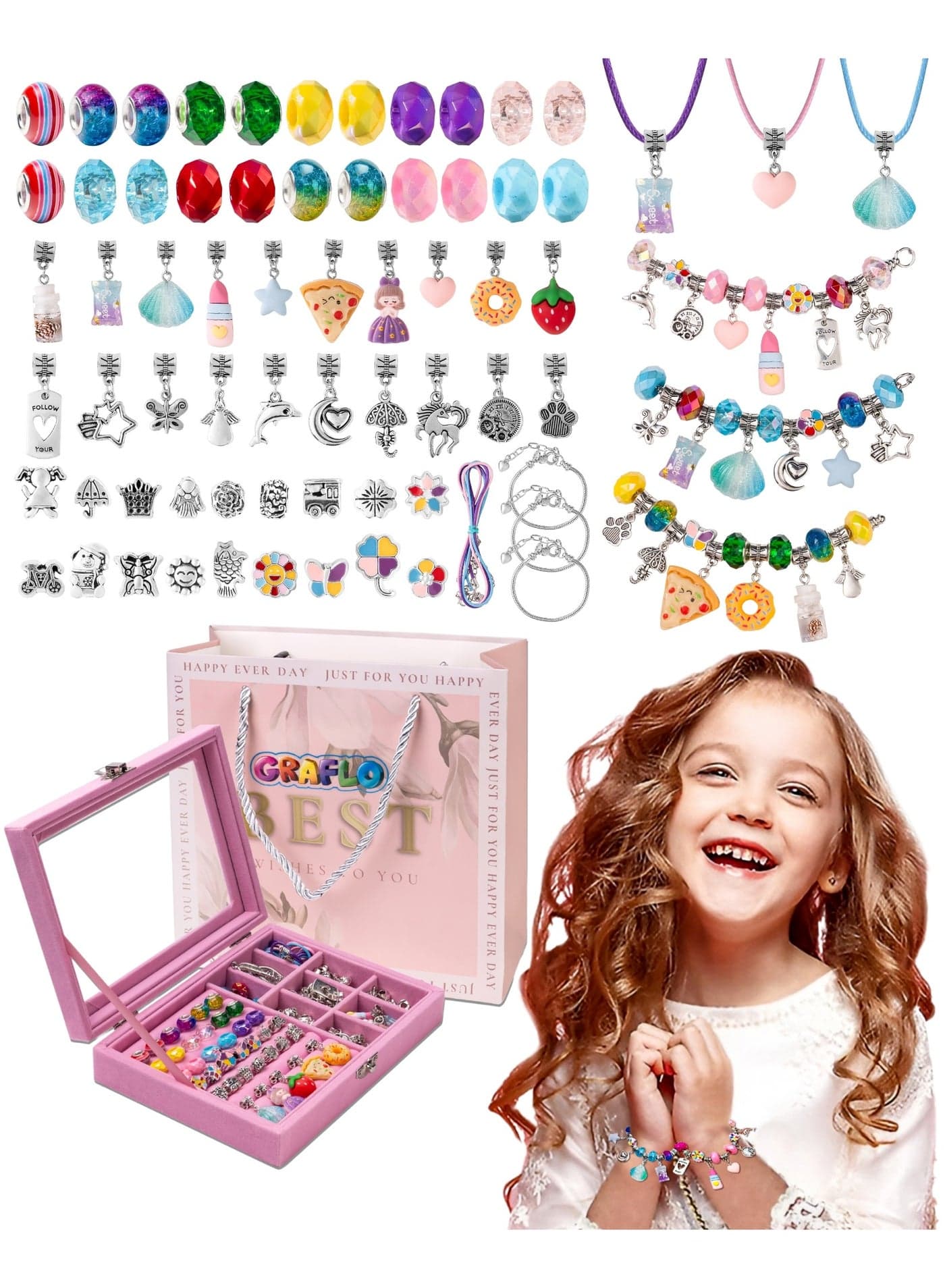 Bracelet Making Kit for Girls 66PCs Charm Bracelets Kit with Jewelry Box Jewelry Charms Bracelets for DIY Craft Jewelry Gift for Adults and Kids Present For 8-12 Year Old Girl (Pink)