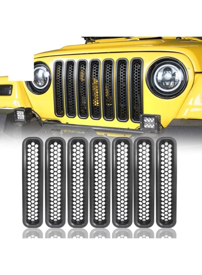 Grill Mesh Inserts Front Grille Guard Cover Clip-in Matte Black for 07-17Jeep Wrangler TJ & Unlimited/Black/7pcs