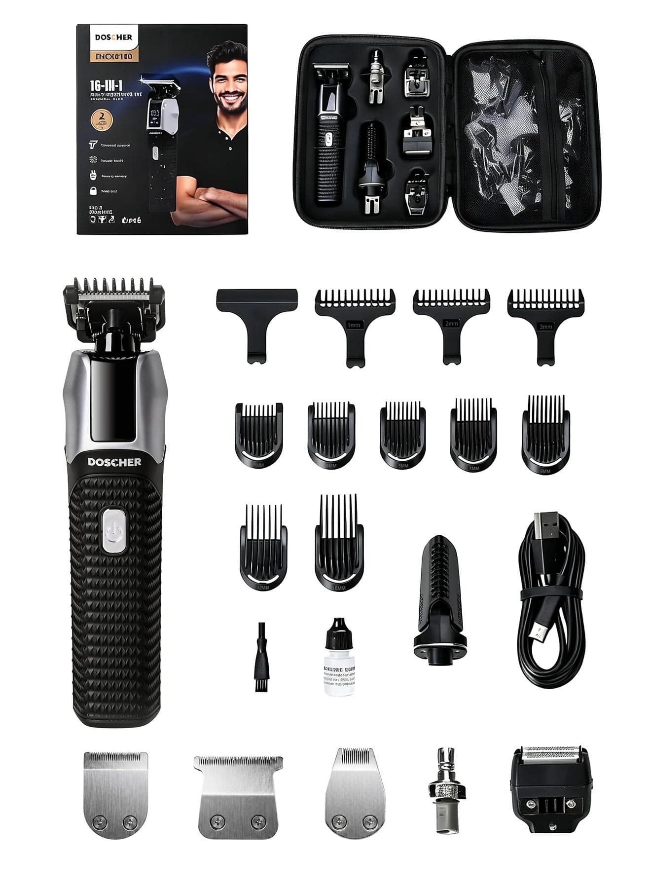 16-in-1 Beard Trimmer for Men and Hair Clipper Machine, LED Display Shaving Machine for Face Body Nose with Storage Case