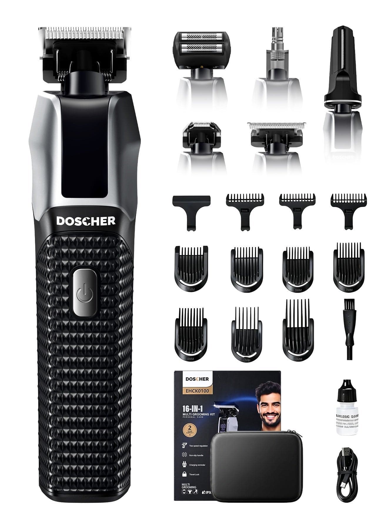 16-in-1 Beard Trimmer for Men and Hair Clipper Machine, LED Display Shaving Machine for Face Body Nose with Storage Case
