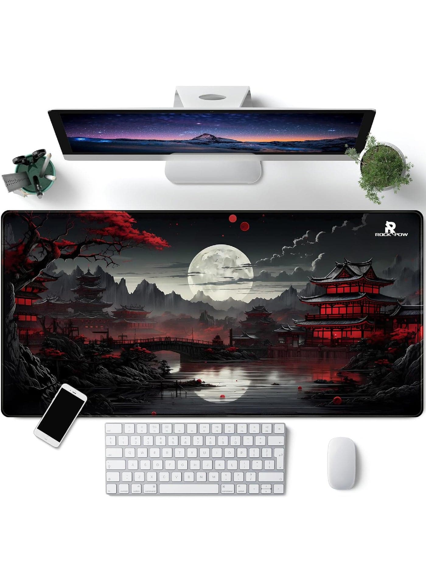 Japanese Desk Mat Riverside Full Moon Desk Pad Black Red Large Mouse Pad Gaming Mousepad Extended XXL Keyboard Pad 31.5 x 15.7 in Laptop Computer Mouse Keyboard Mat for Office Desk Decor