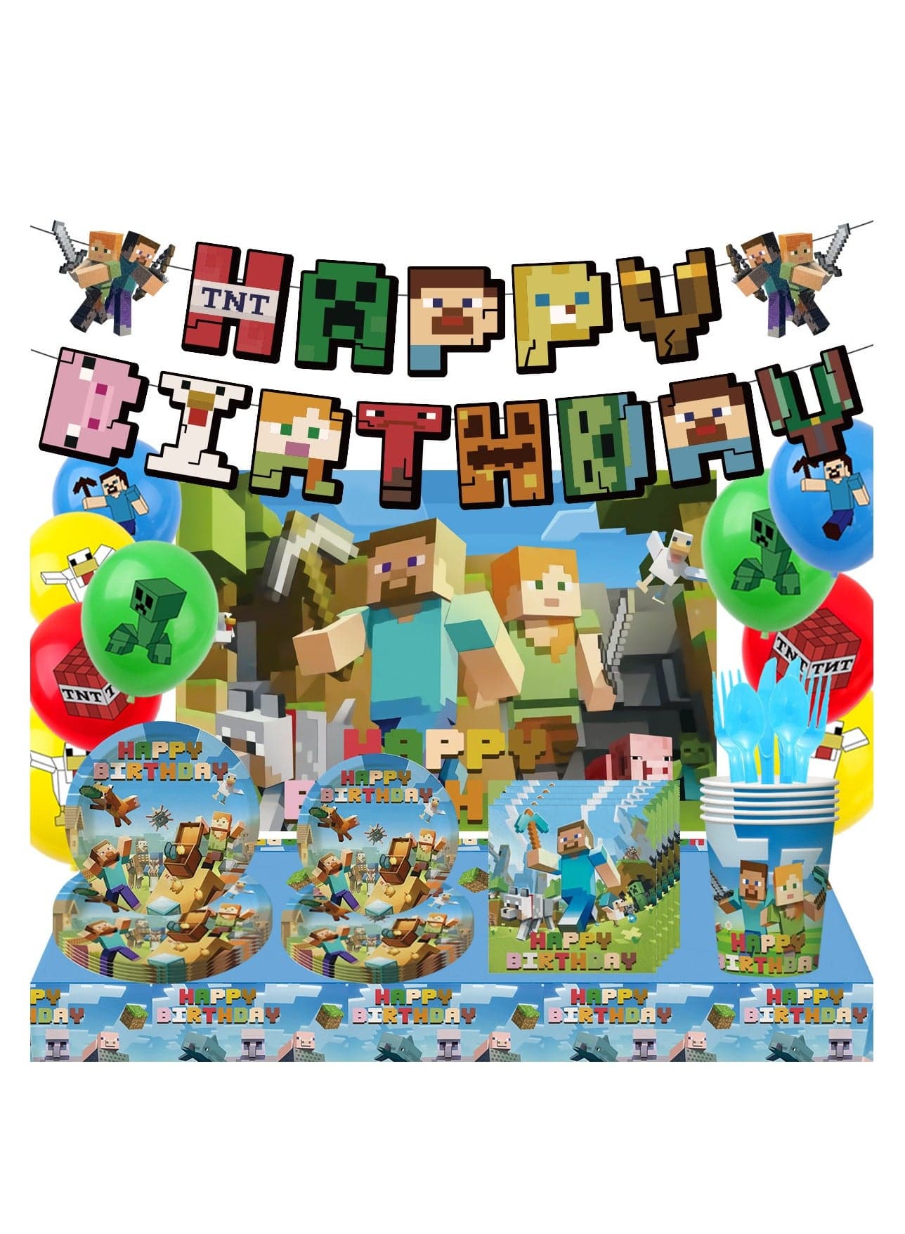 Minecraft Birthday Party Kit for Kids for 10 People, Complete Tableware Set, Minecraft Party Decorations